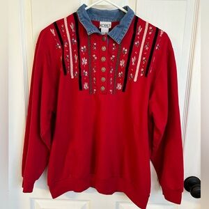 Vintage Koret City Blues Women’s Sweatshirt Embroidered Flowers Denim Collar